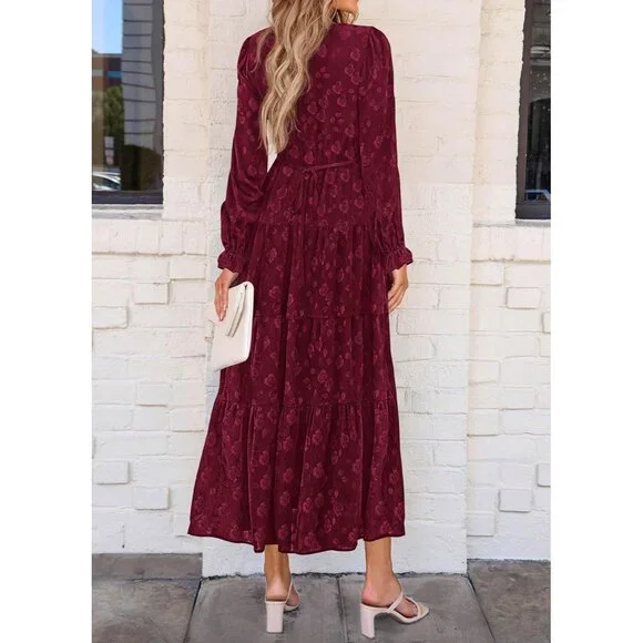 slim fit dress slacks PRETTYGARDEN Women's Fall Wedding Guest Dresses Long Sleeve V Neck Flo